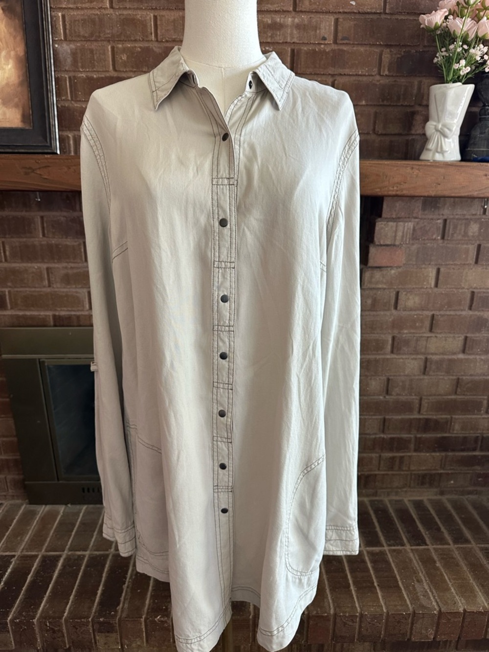 GO BY GO SILK Washable Silk Tunic Dress Lagenlook Minimalist Beige Size Large